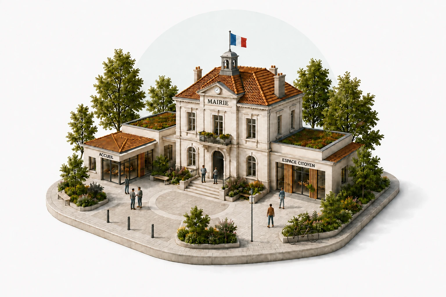 Des personnes échangent sur le parvis. Des visiteurs entrent dans la mairie tandis qu’une autre personne en sort et descend les marches.